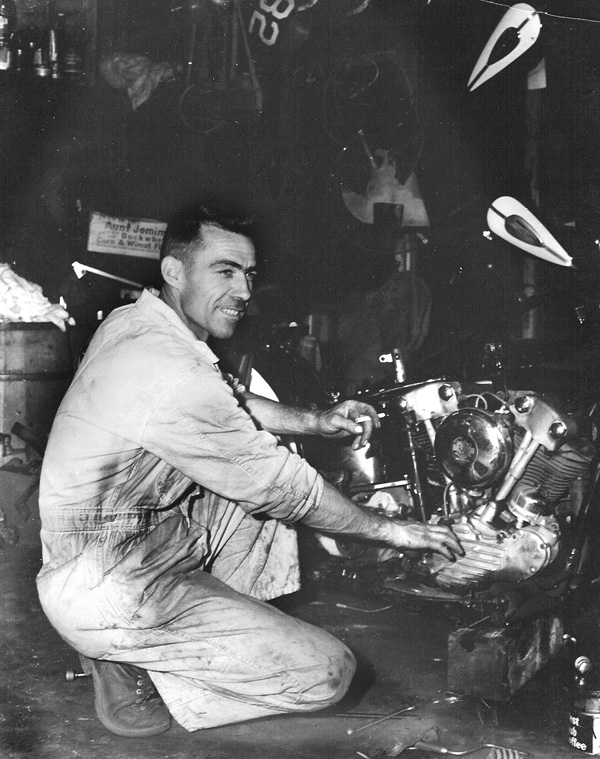 Shell Thuet of 13 RMC working on a HD Knucklehead, 1946.