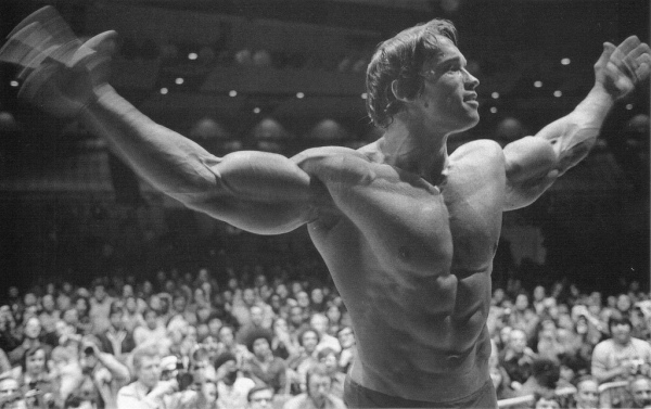 Arnold Schwarzenegger winning the 1975 Mr. Olympia title.