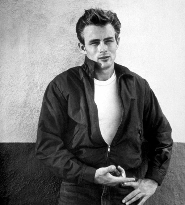 Iconic shot of James Dean in the rebel uniform that he immortalized red 