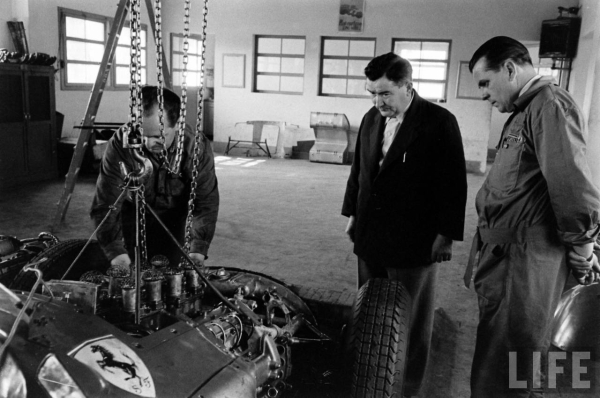 May 1956 A Lancia Ferrari D50 at Maranello is prepared for competition in